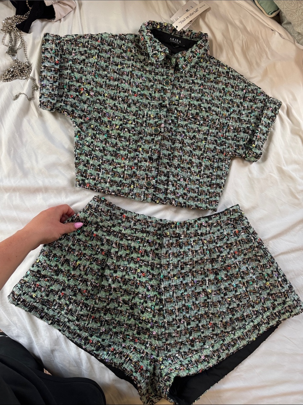 AKIRA Mint Tweed High-Waist Shorts